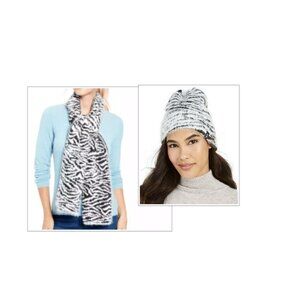 DKNY Fuzzy Animal Print Knit Scarf and Beanie Combo, Black/White